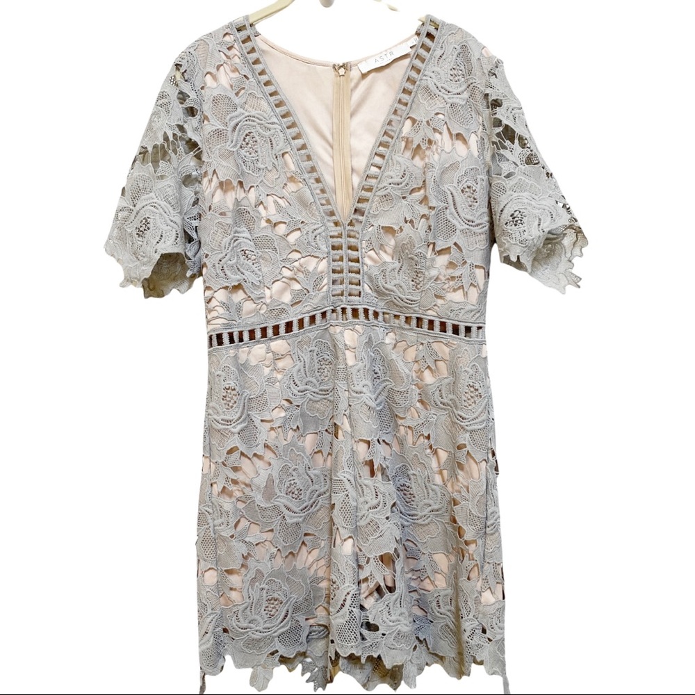Astr Lace Overlay V-Neck Romper in Light Gray and Blush
